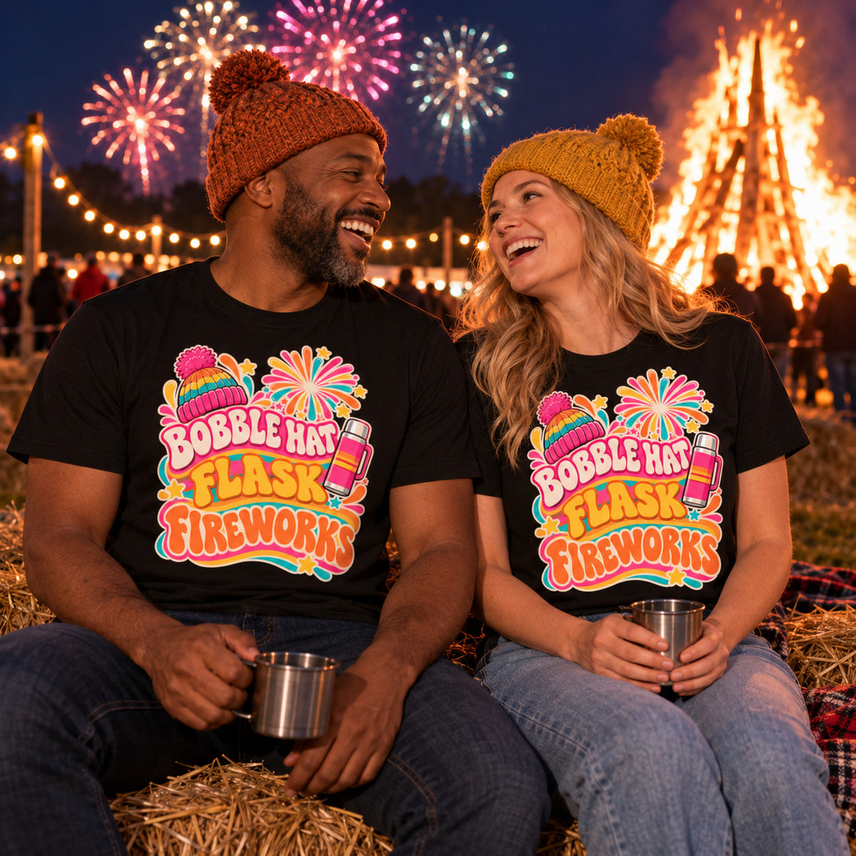 Couple wearing matching Groovy Wavy Trio design black t-shirts on straw bales by a bonfire sharing a hot drink