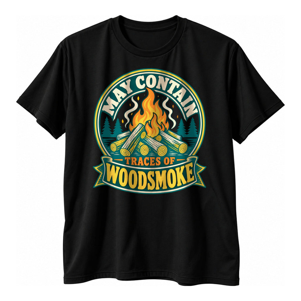 Black t-shirt with a round vintage badge of a log pile bonfire and a ribbon banner reading May Contain Traces Of Woodsmoke