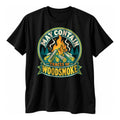 Black t-shirt with a round vintage badge of a log pile bonfire and a ribbon banner reading May Contain Traces Of Woodsmoke