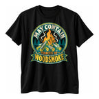 Black t-shirt with a round vintage badge of a log pile bonfire and a ribbon banner reading May Contain Traces Of Woodsmoke
