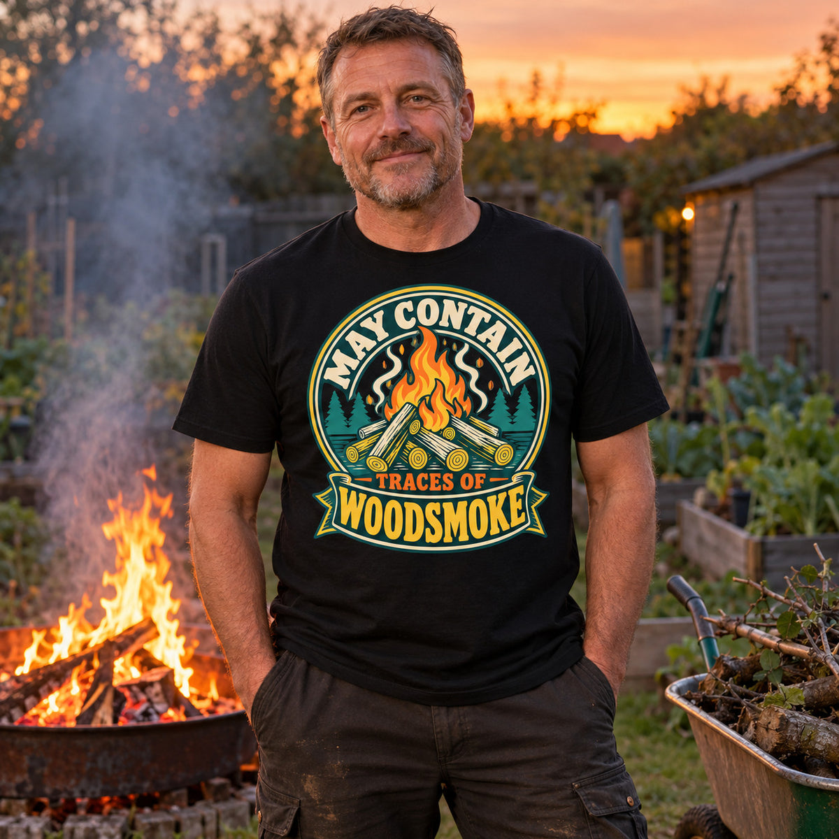 Man wearing the Campfire Badge design black t-shirt at an allotment bonfire at dusk beside a wheelbarrow of branches