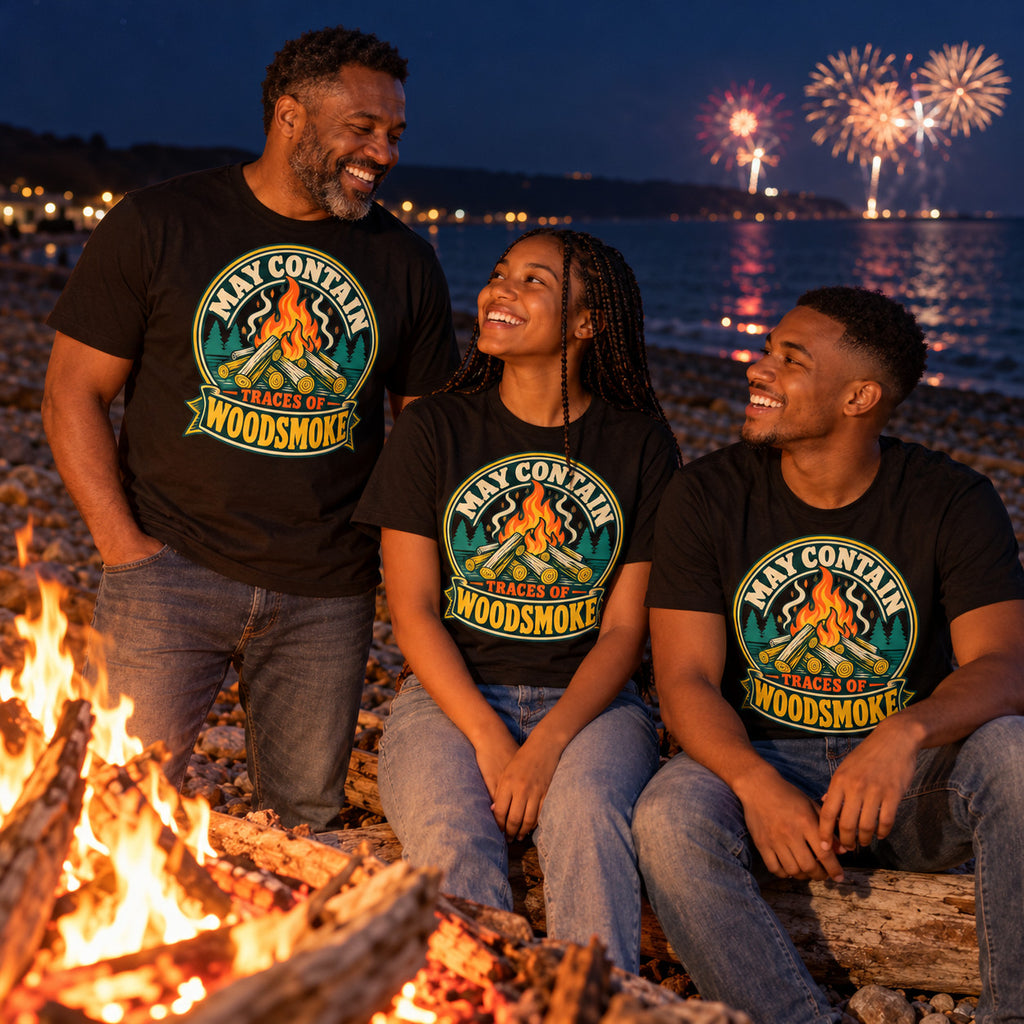 Family wearing matching Campfire Badge design black t-shirts by a driftwood bonfire on a pebble beach at night