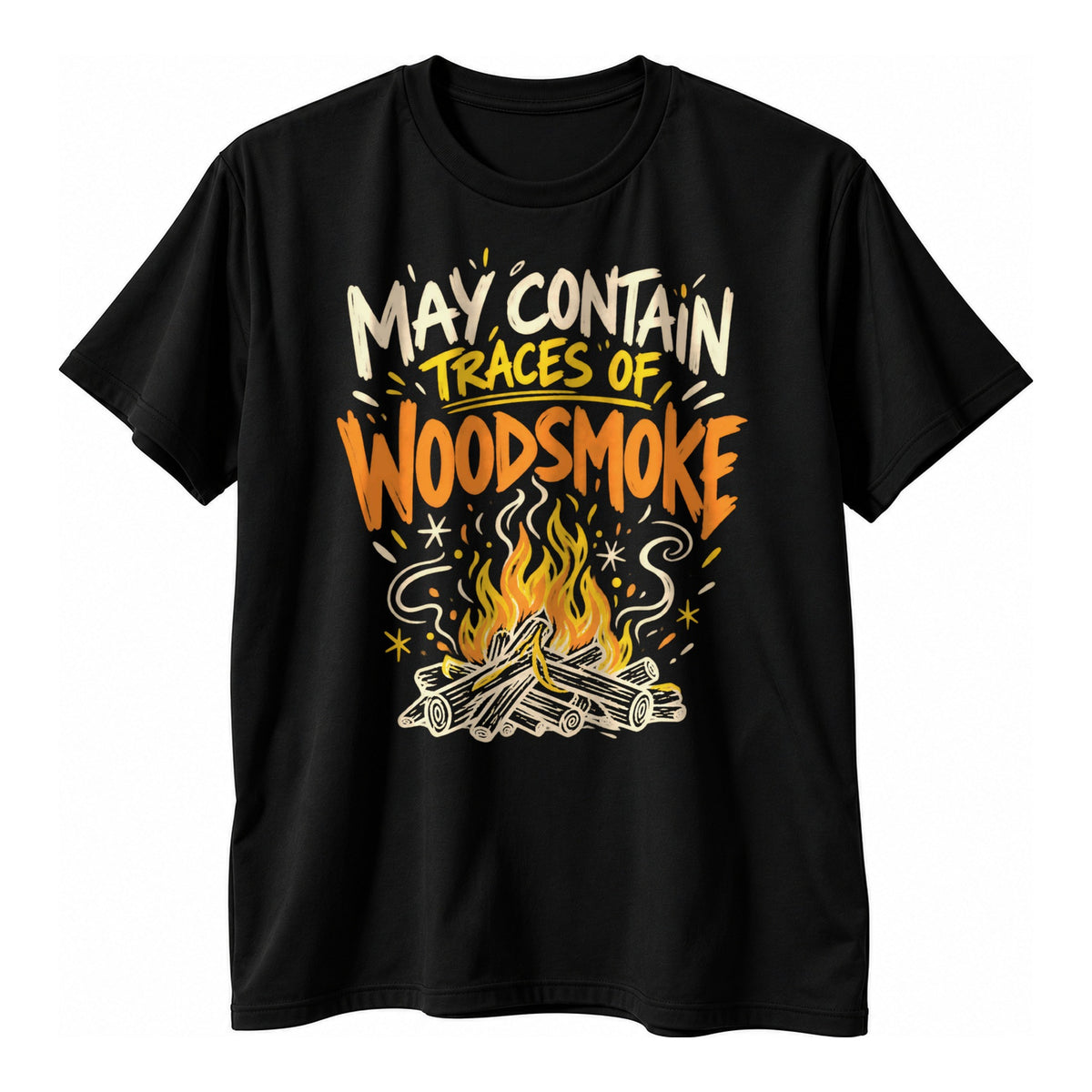 Black t-shirt with a hand drawn doodle campfire and cream, gold and orange lettering reading May Contain Traces Of Woodsmoke