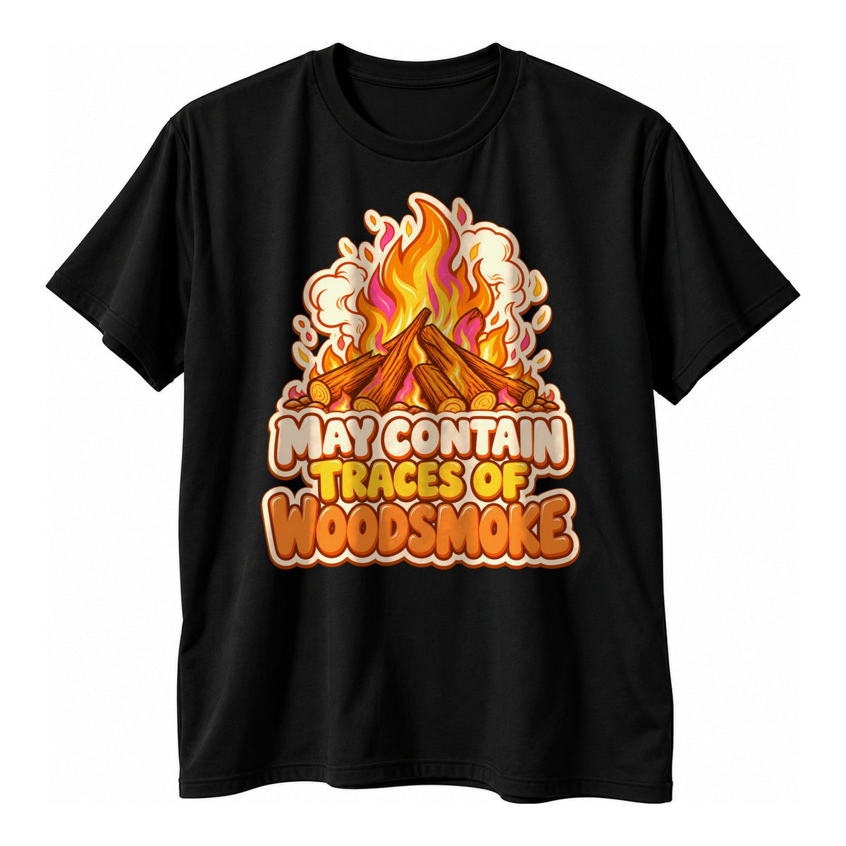 Black t-shirt with a die cut sticker style bonfire and the text May Contain Traces Of Woodsmoke