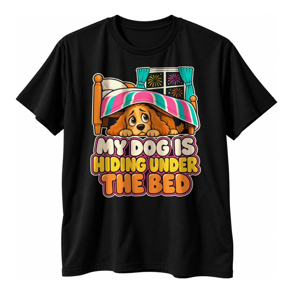 Black t-shirt with a cartoon dog peeking from under a bed with a striped blanket and the text My Dog Is Hiding Under The Bed