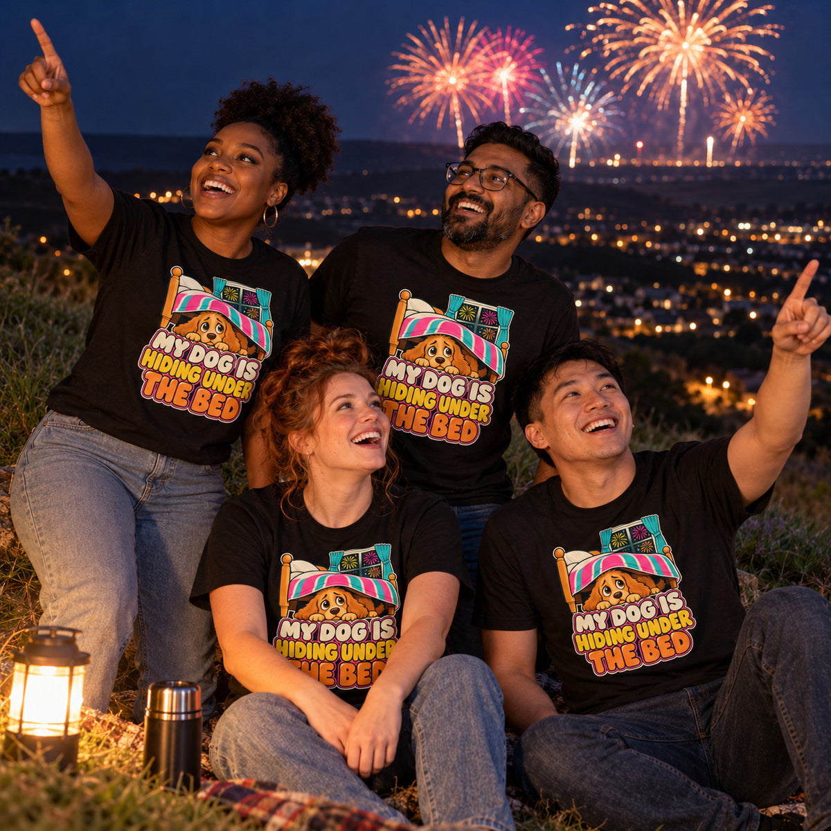 Four friends wearing matching Cartoon Pup design black t-shirts on a hillside at night watching fireworks over the town