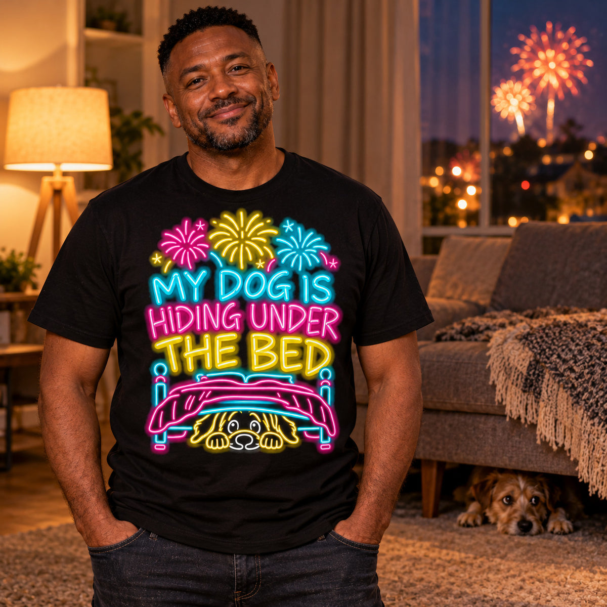 Man wearing the Neon Pup design black t-shirt in a cosy living room at night with a worried dog peeking out from under the sofa