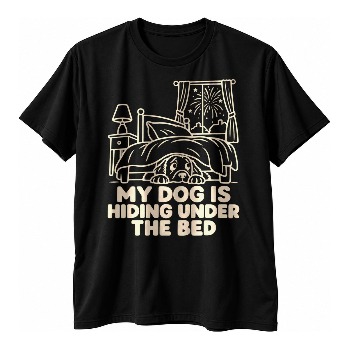 Black t-shirt with a cream line art bed, window and peeking dog and the text My Dog Is Hiding Under The Bed