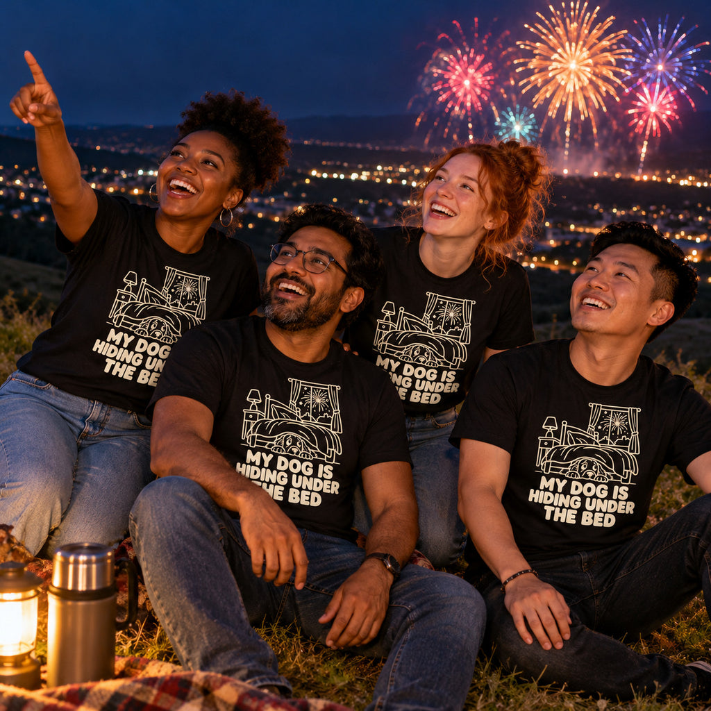 Four friends wearing matching Line Art Pup design black t-shirts on a hillside at night watching fireworks over the town