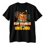 Black t-shirt with a pixel art keg with a worried face and the text Guy Fawkes Had One Job