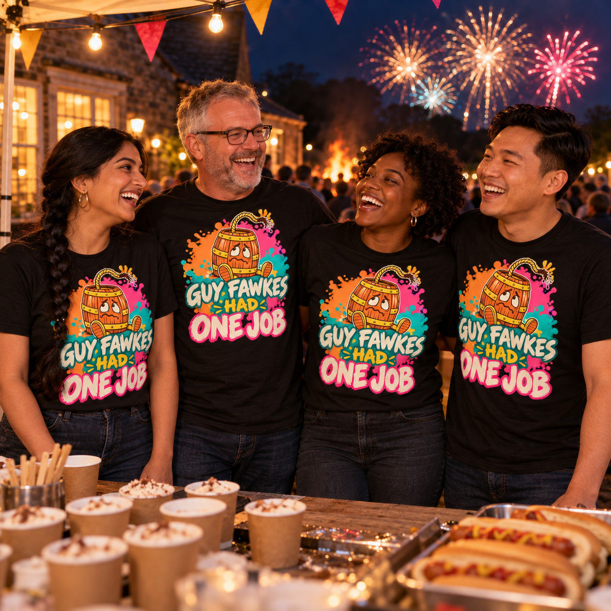 Four colleagues wearing matching Splash Barrel design black t-shirts at a village hall fireworks fundraiser stall with a bonfire behind