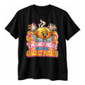 Black t-shirt with a groovy retro smiling jacket potato in foil and the text I'm Only Here For The Jacket Potato