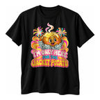 Black t-shirt with a groovy retro smiling jacket potato in foil and the text I'm Only Here For The Jacket Potato