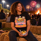 Woman wearing the Groovy Spud design black t-shirt sitting on a hay bale at a school field fireworks night holding a foil wrapped jacket potato