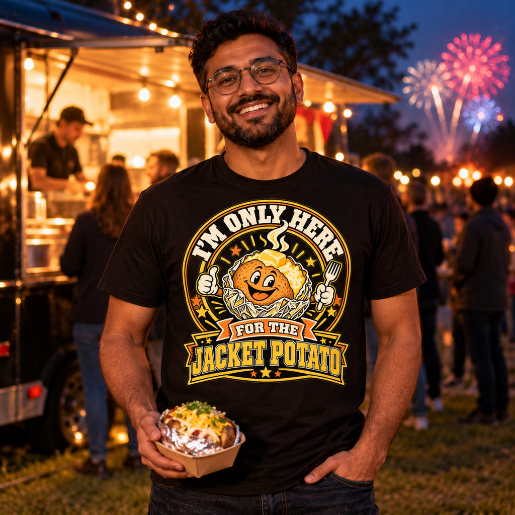Man wearing the Badge Spud design black t-shirt at a park street food van at dusk holding a foil wrapped jacket potato with fireworks behind