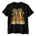 Black t-shirt with a woodcut style pair of muddy wellington boots, firework bursts and the text I Came For The Fireworks Not The Mud