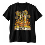 Black t-shirt with a woodcut style pair of muddy wellington boots, firework bursts and the text I Came For The Fireworks Not The Mud