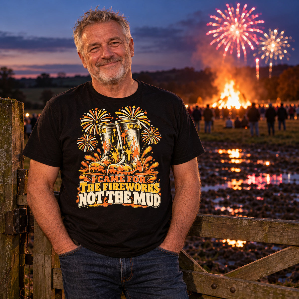 Man wearing the Woodcut Wellies design black t-shirt at a wooden field gate on a muddy farm at dusk with a bonfire and fireworks behind