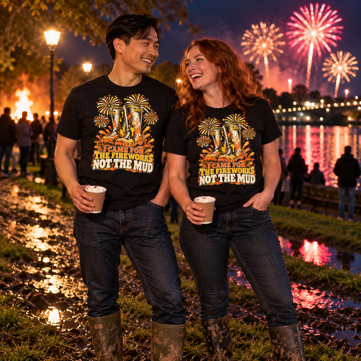 Couple wearing matching Woodcut Wellies design black t-shirts and wellington boots in a muddy riverside park at a fireworks night holding hot chocolates