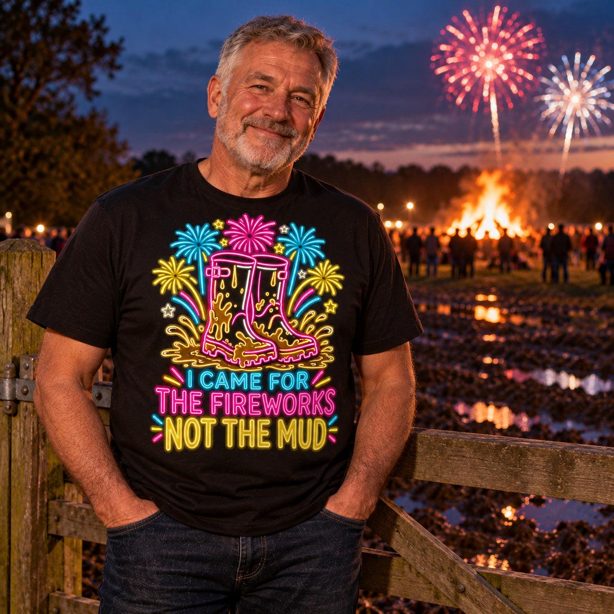 Man wearing the Neon Wellies design black t-shirt at a wooden field gate on a muddy farm at dusk with a bonfire and fireworks behind