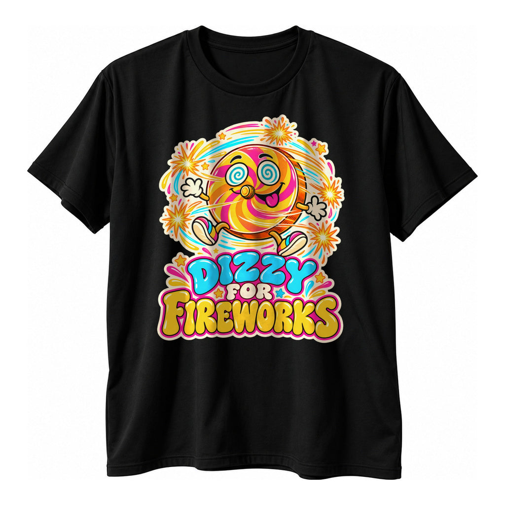 Black t-shirt with a die cut sticker style cartoon Catherine wheel firework with spiral eyes and the text Dizzy For Fireworks