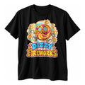 Black t-shirt with a die cut sticker style cartoon Catherine wheel firework with spiral eyes and the text Dizzy For Fireworks