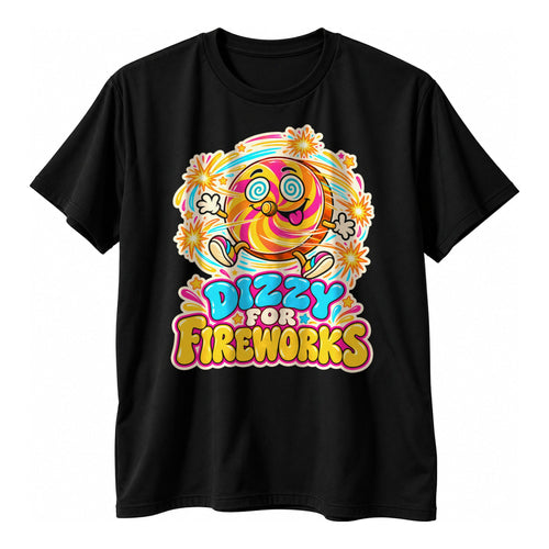 Black t-shirt with a die cut sticker style cartoon Catherine wheel firework with spiral eyes and the text Dizzy For Fireworks