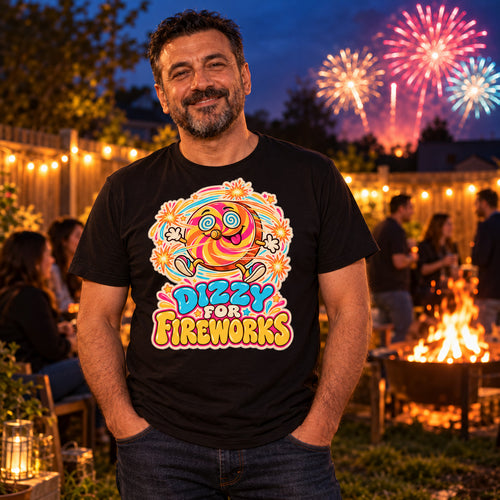 Man wearing the Sticker Wheel design black t-shirt in a UK back garden at dusk with fairy lights, a bonfire and fireworks behind