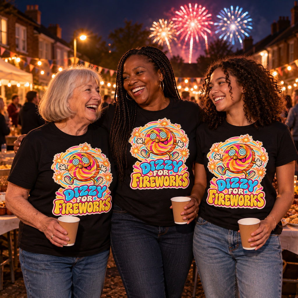 Gran, mum and teenage granddaughter wearing matching Sticker Wheel design black t-shirts at a street party with bunting and fireworks overhead