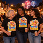 Gran, mum and teenage granddaughter wearing matching Sticker Wheel design black t-shirts at a street party with bunting and fireworks overhead