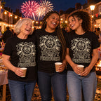 Gran, mum and teenage granddaughter wearing matching Line Art Wheel design black t-shirts at a street party with bunting and fireworks overhead