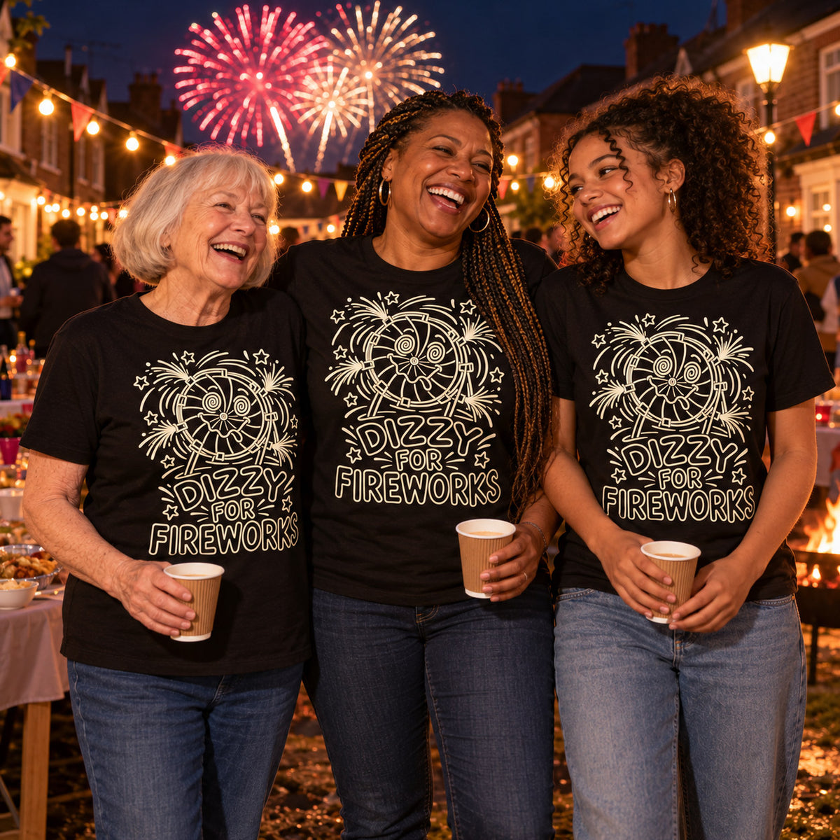 Gran, mum and teenage granddaughter wearing matching Line Art Wheel design black t-shirts at a street party with bunting and fireworks overhead
