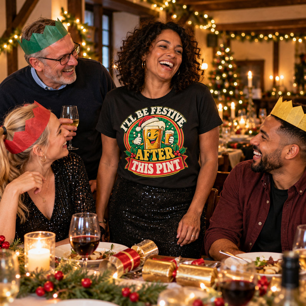 Woman wearing the Pub Badge design black t-shirt laughing with colleagues at a work Christmas meal with paper crowns and crackers
