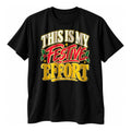 Black t-shirt with big stacked cream, red and gold lettering and holly sprigs reading This Is My Festive Effort