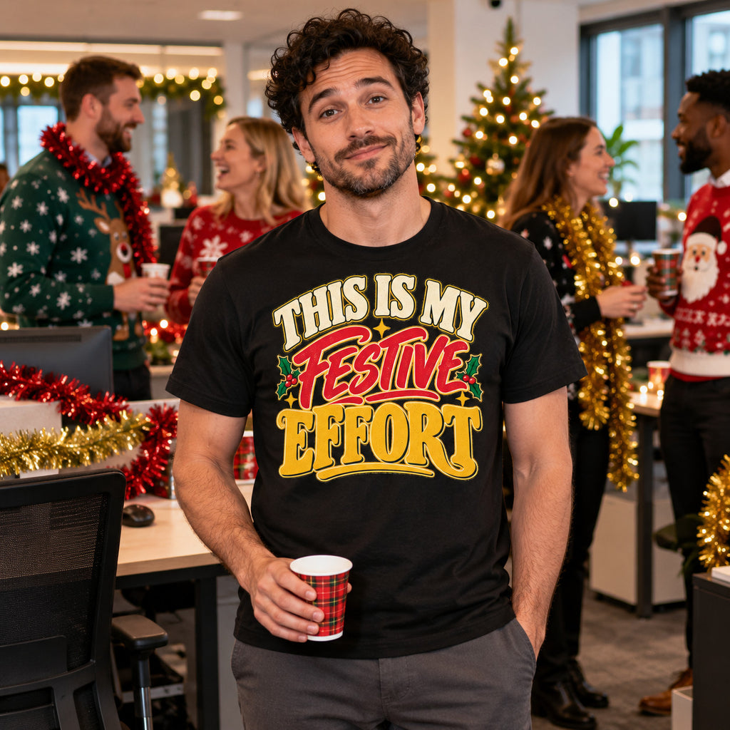 Man wearing the Bold Type design black t-shirt at a British office Christmas party with colleagues in Christmas jumpers behind