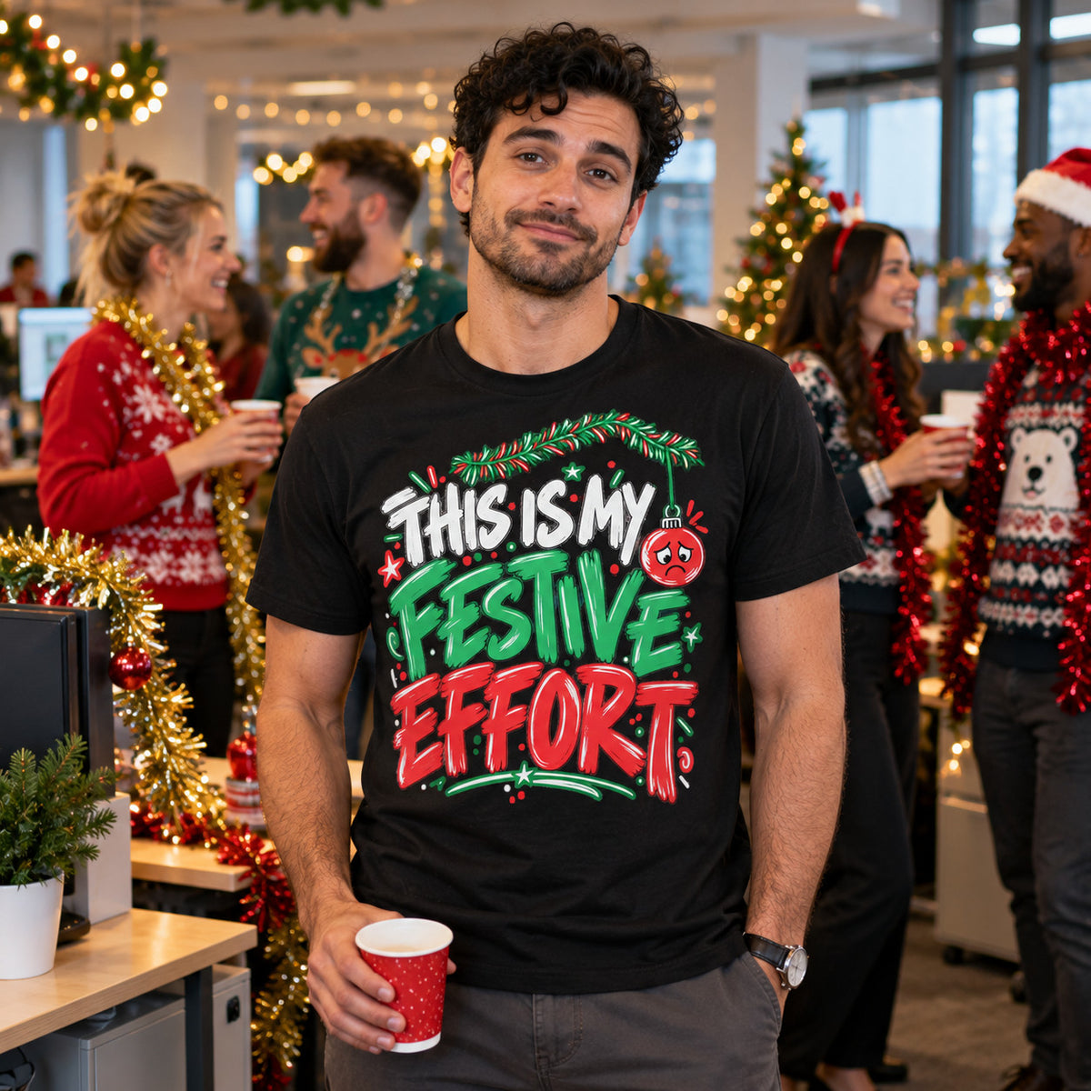 Man wearing the Doodle Scribble design black t-shirt at a British office Christmas party with colleagues in Christmas jumpers behind