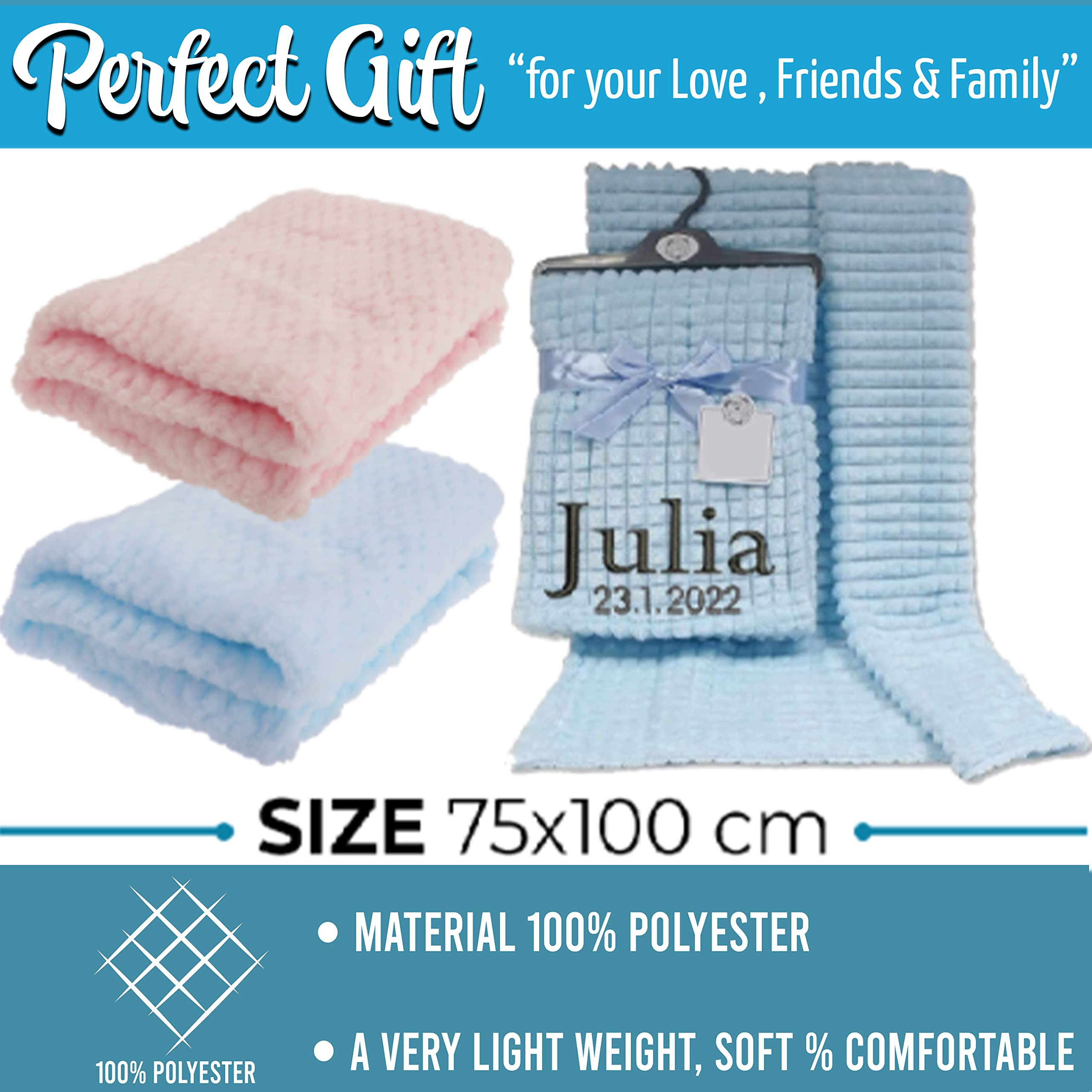 Embroidered Personalised Blankets for Babies Boys and Girls