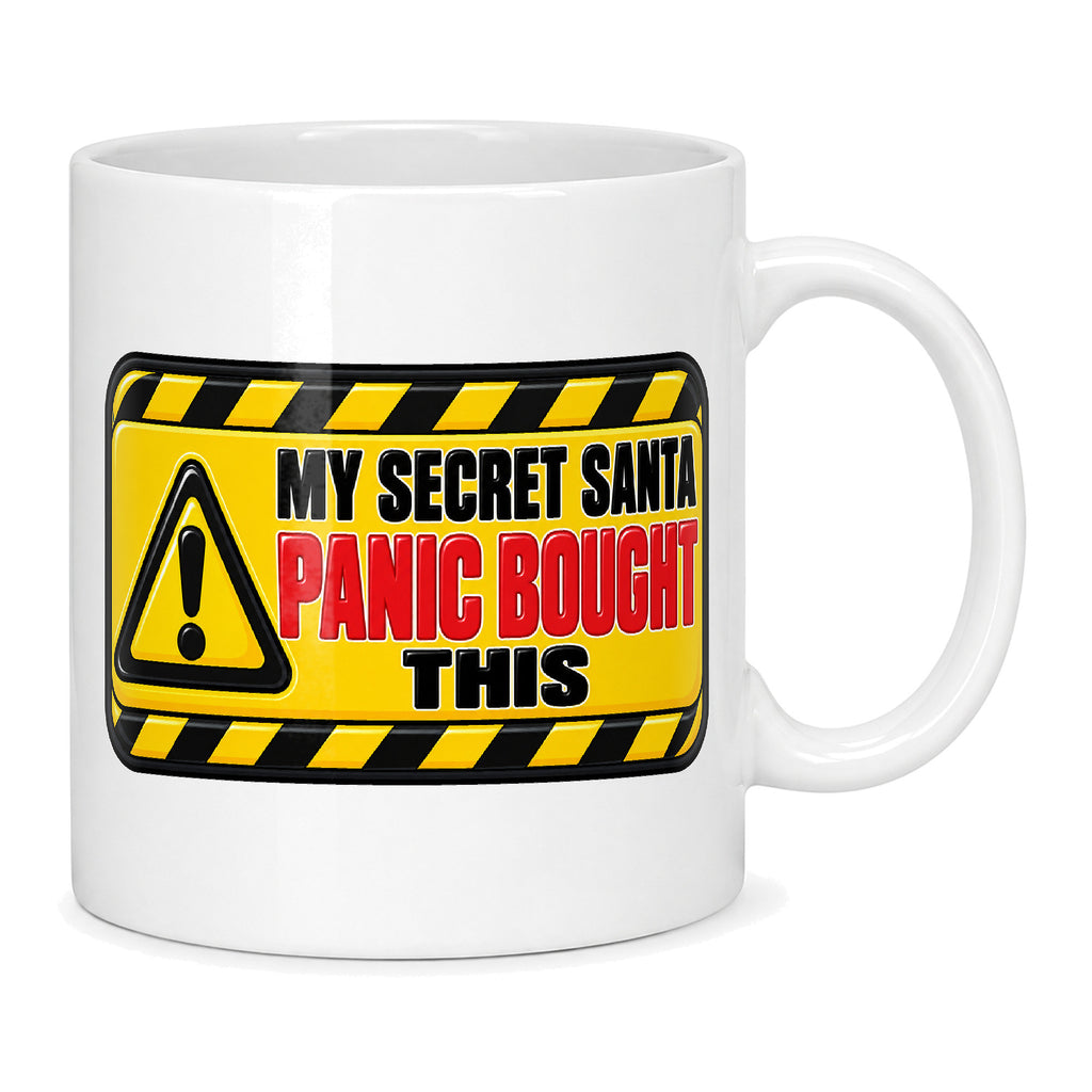 White mug with a yellow hazard warning sign reading My Secret Santa Panic Bought This