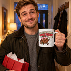 White mug with a smiling Christmas pudding carrying a bag under the words My Secret Santa Panic Bought This, lifestyle photo 1
