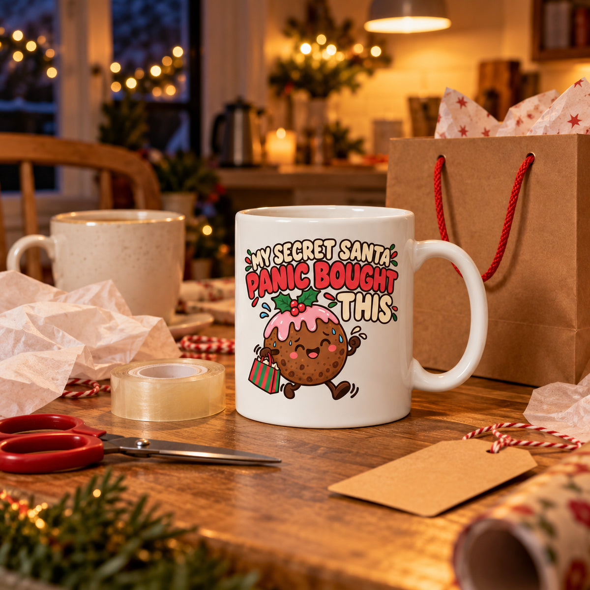 White mug with a smiling Christmas pudding carrying a bag under the words My Secret Santa Panic Bought This, lifestyle photo 2