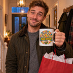 White mug with a retro sunburst emblem and ribbon reading My Secret Santa Panic Bought This, lifestyle photo 1