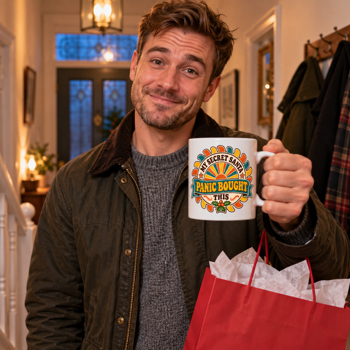 White mug with a retro sunburst emblem and ribbon reading My Secret Santa Panic Bought This, lifestyle photo 1