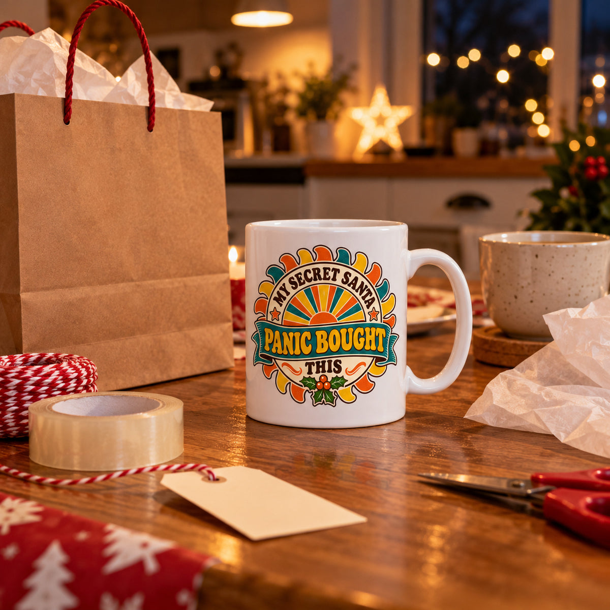 White mug with a retro sunburst emblem and ribbon reading My Secret Santa Panic Bought This, lifestyle photo 2
