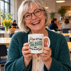 White mug with green hand lettered script, a steaming cup and a sad teabag reading You Left And The Kettle Was Never The Same, lifestyle photo 1