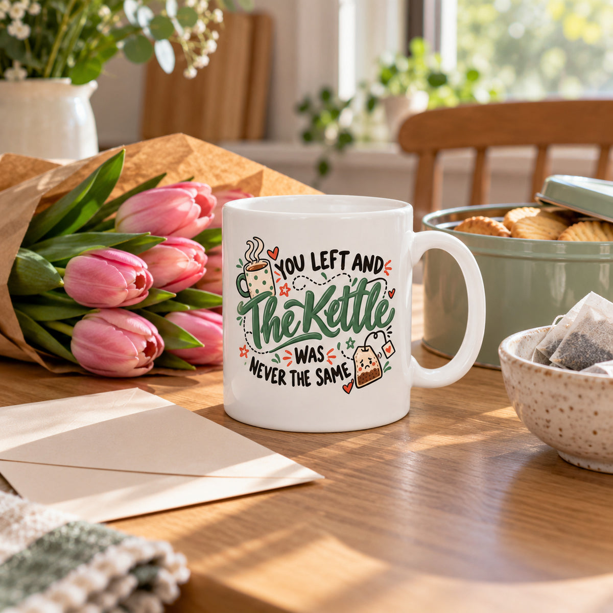White mug with green hand lettered script, a steaming cup and a sad teabag reading You Left And The Kettle Was Never The Same, lifestyle photo 2