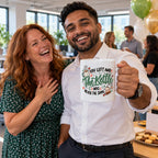White mug with green hand lettered script, a steaming cup and a sad teabag reading You Left And The Kettle Was Never The Same, lifestyle photo 3