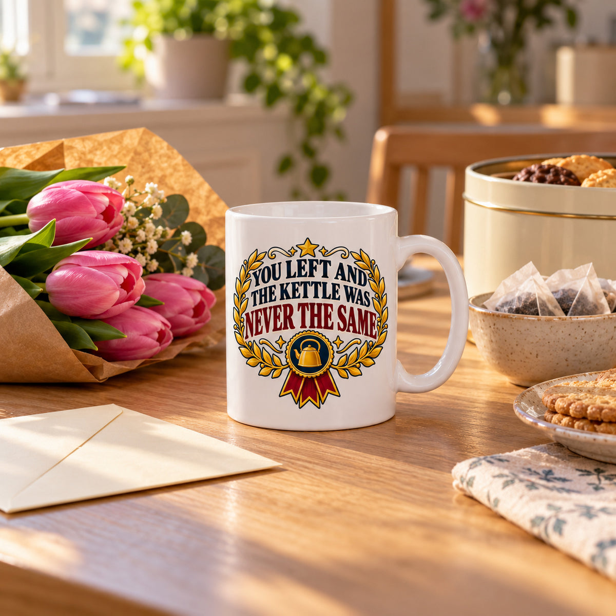 White mug with a gold laurel wreath, navy rosette and red ribbon reading You Left And The Kettle Was Never The Same, lifestyle photo 2