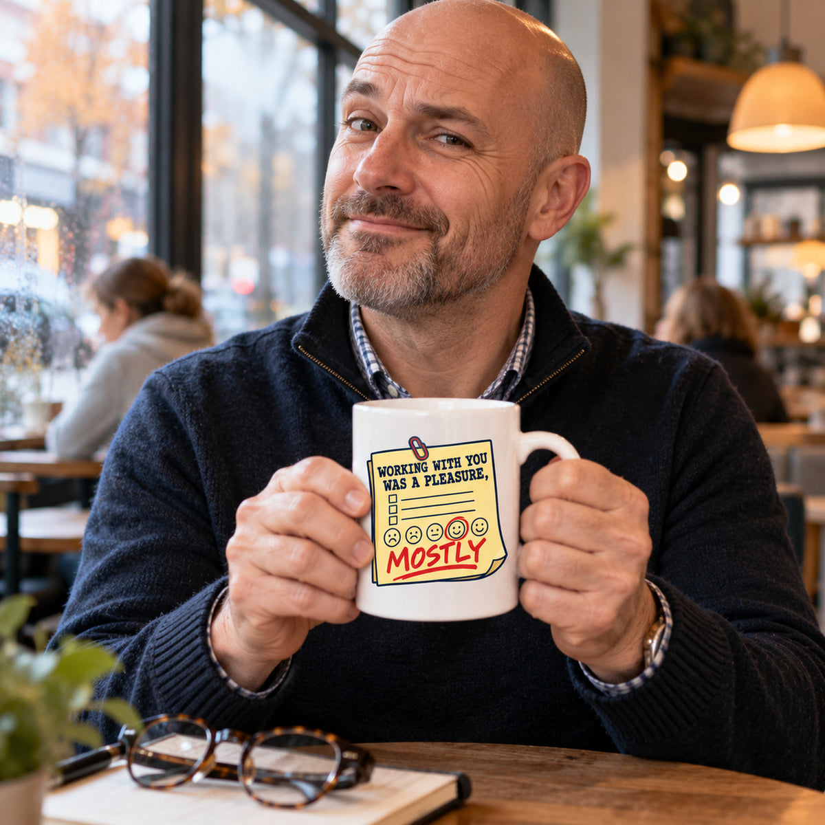 White mug with a yellow feedback form, circled smiley face and red pen writing reading Working With You Was A Pleasure, Mostly, lifestyle photo 1