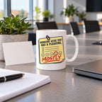 White mug with a yellow feedback form, circled smiley face and red pen writing reading Working With You Was A Pleasure, Mostly, lifestyle photo 2