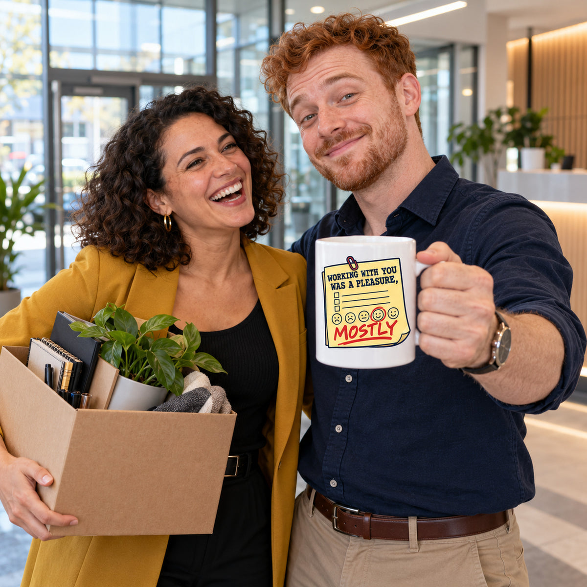 White mug with a yellow feedback form, circled smiley face and red pen writing reading Working With You Was A Pleasure, Mostly, lifestyle photo 3